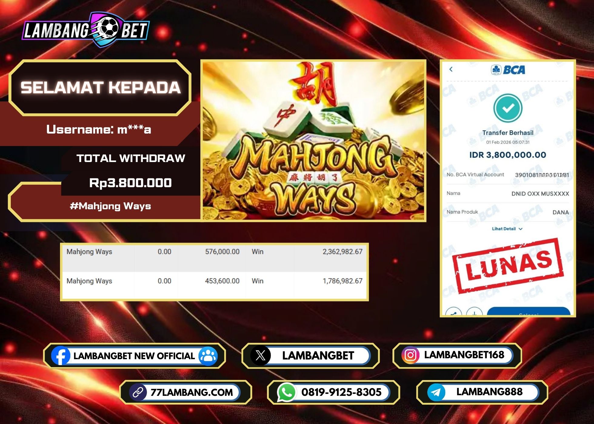 LAMBANGBET [1 FEBRUARI 2026] JACKPOT SLOT Mahjong Ways "Rp3.800.000" LUNAS